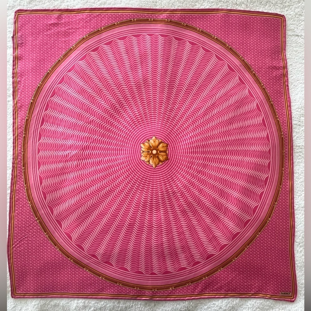 Faberge’ Vintage 100% Silk 18x18 Scarf Beautiful Jewel Toned Hand Rolled Edges